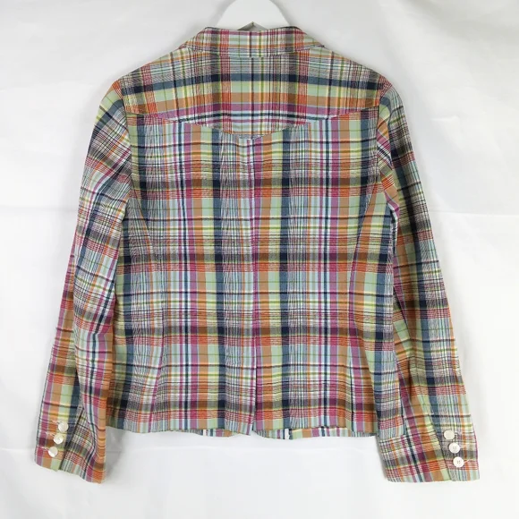Talbots Blazer Size 10 Y2K Madras Plaid Button Up Pockets Cotton Flax Preppy - Picture 3 of 14